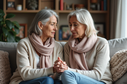 Femme et fille main dans la main moment d'émotion