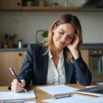 Femme en blouse et blazer remplissant un formulaire d'aide juridique