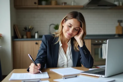 Femme en blouse et blazer remplissant un formulaire d'aide juridique