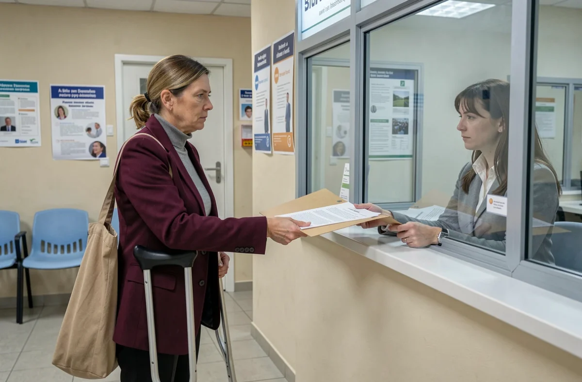 Femme en situation de handicap déposant un dossier de retraite anticipée au guichet d'une caisse de retraite