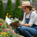 Femme en jardinage avec magazine coloré en plein air