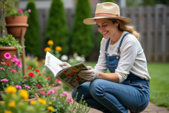 Femme en jardinage avec magazine coloré en plein air