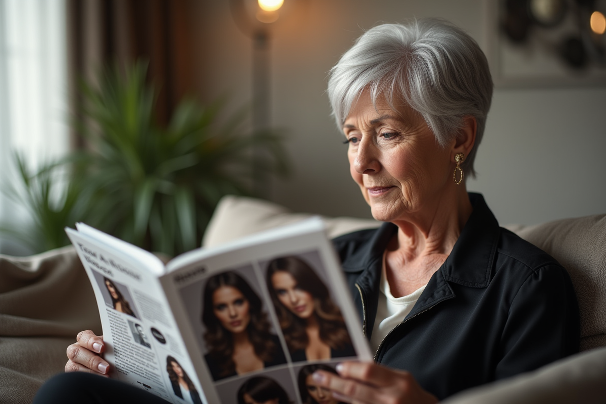 Femme senior lisant un magazine dans un salon moderne
