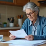 Femme d'âge moyen lisant des documents officiels dans la cuisine