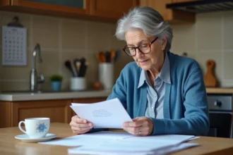 Femme d'âge moyen lisant des documents officiels dans la cuisine