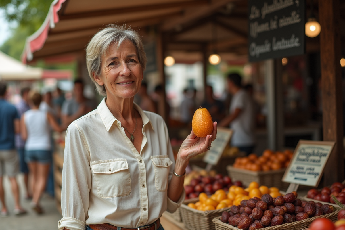 Femme expliquant un fruit date au marché en plein air