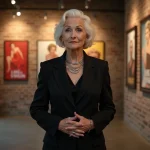 Femme confiante en costume noir devant posters vintage