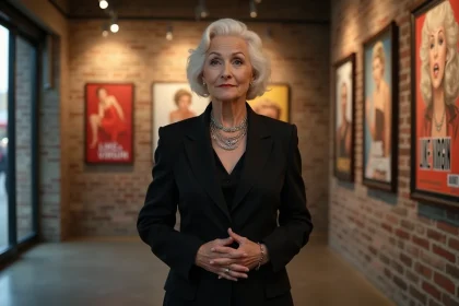 Femme confiante en costume noir devant posters vintage