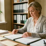 Femme à la retraite organisant ses documents administratifs pour une demande de retraite Agirc-Arrco à son bureau à domicile