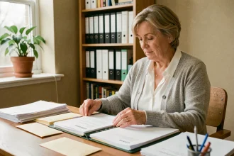 Femme à la retraite organisant ses documents administratifs pour une demande de retraite Agirc-Arrco à son bureau à domicile