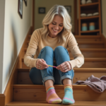 Femme souriante appliquant de la peinture sur des chaussettes colorées