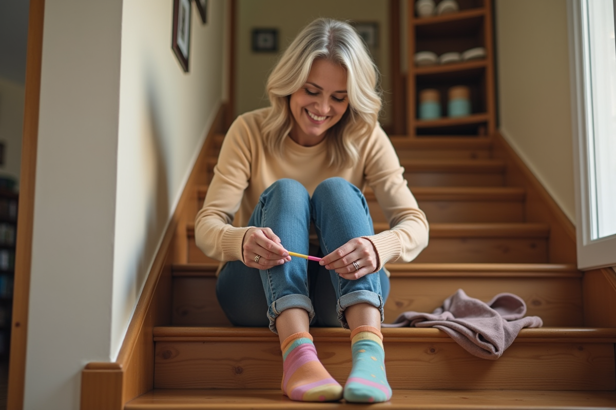 Femme souriante appliquant de la peinture sur des chaussettes colorées