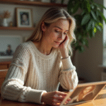 Femme regardant une vieille photo dans un salon chaleureux
