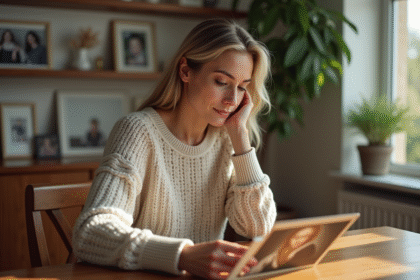 Femme regardant une vieille photo dans un salon chaleureux