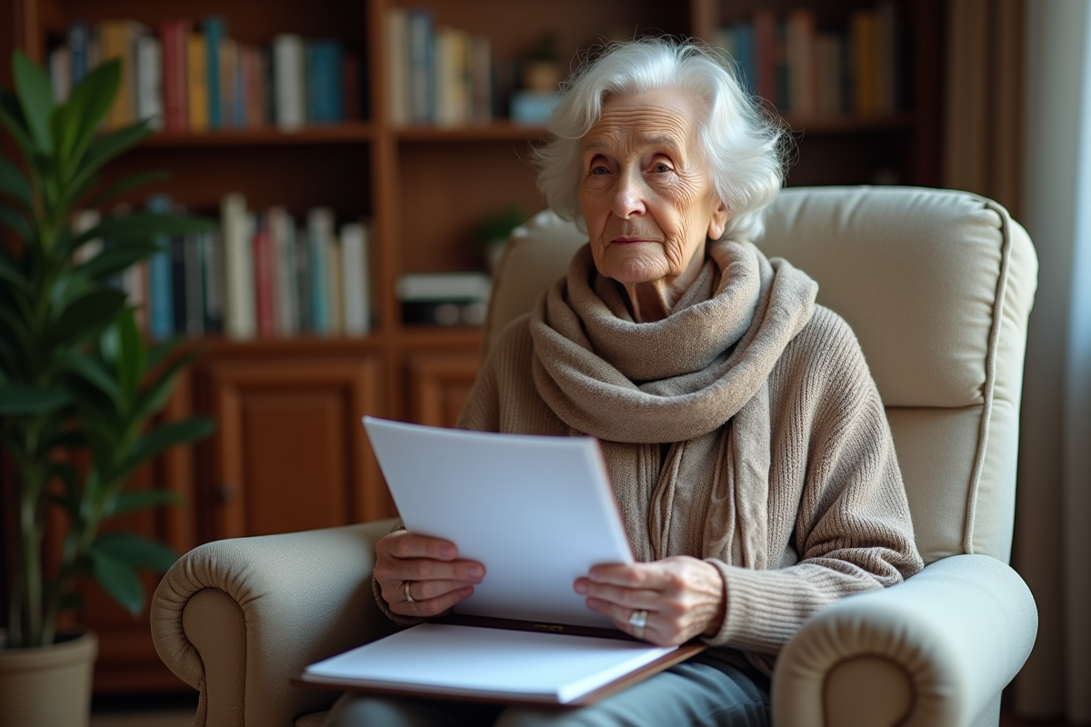 Femme âgée tenant une photo dans un salon chaleureux