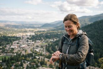 Femme en randonnée avec smartwatch sur une montagne