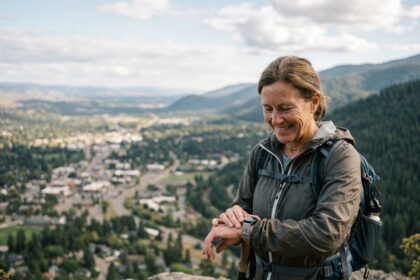 Femme en randonnée avec smartwatch sur une montagne