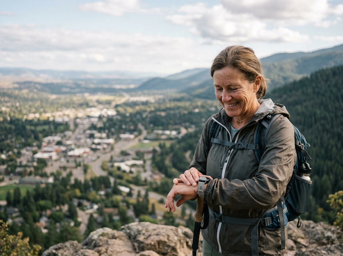Femme en randonnée avec smartwatch sur une montagne