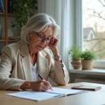 Femme d'environ soixante ans travaillant à son bureau lumineux