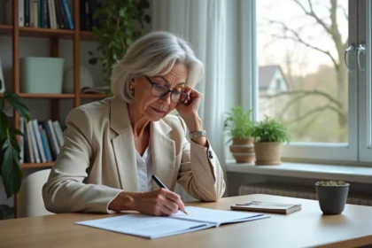 Femme d'environ soixante ans travaillant à son bureau lumineux