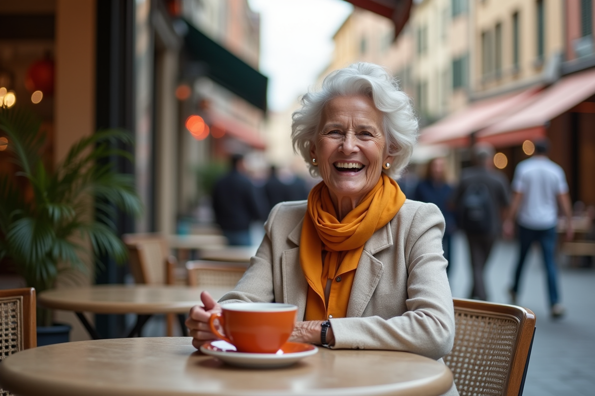 Femme élégante de 60 ans riant au café en extérieur