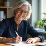 Femme souriante écrivant une lettre de retraite dans un bureau moderne