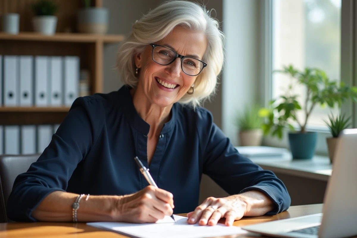 Femme souriante écrivant une lettre de retraite dans un bureau moderne