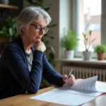 Femme âgée examine une déclaration de pension dans une cuisine moderne