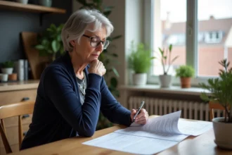 Femme âgée examine une déclaration de pension dans une cuisine moderne
