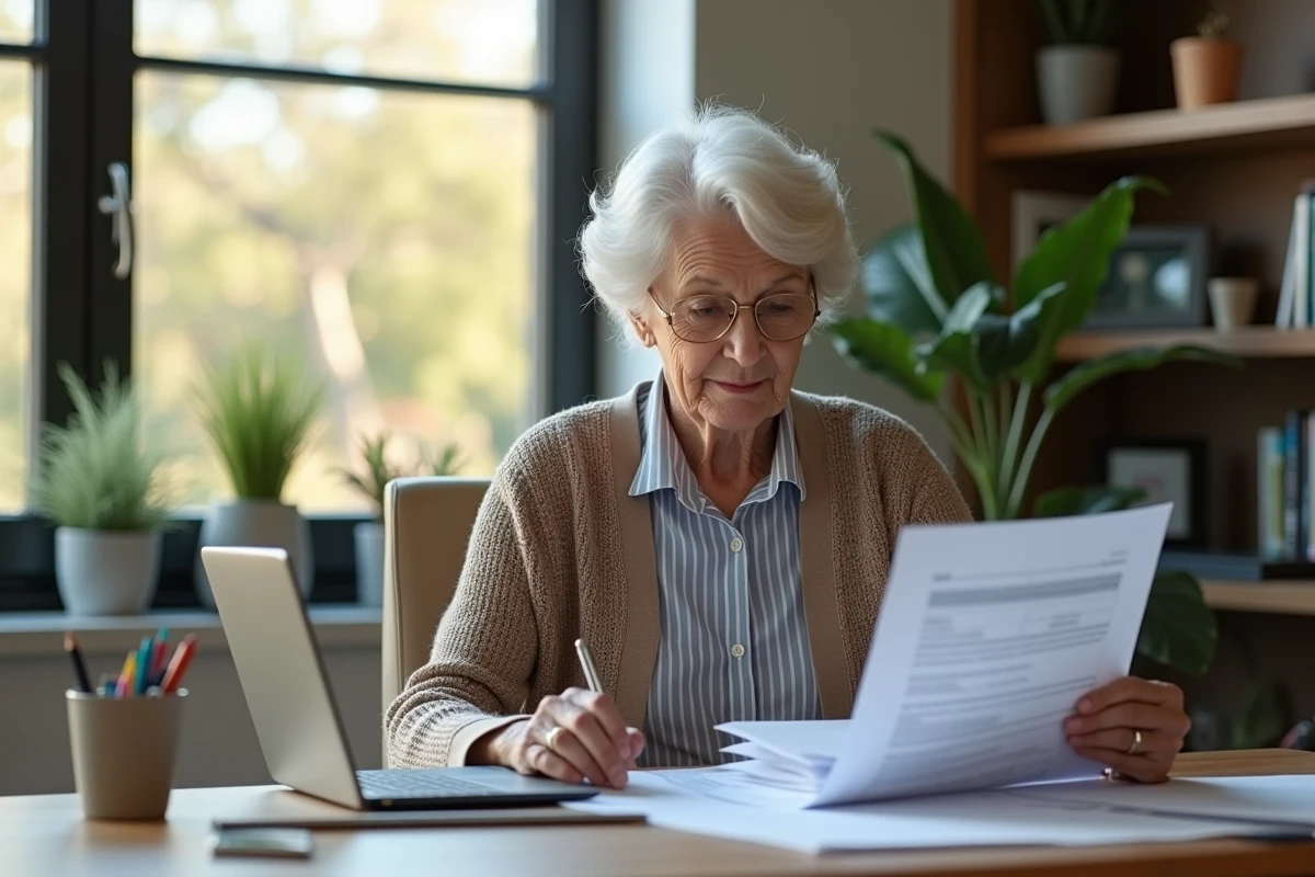 Femme retraitée travaillant sur son ordinateur dans un bureau moderne