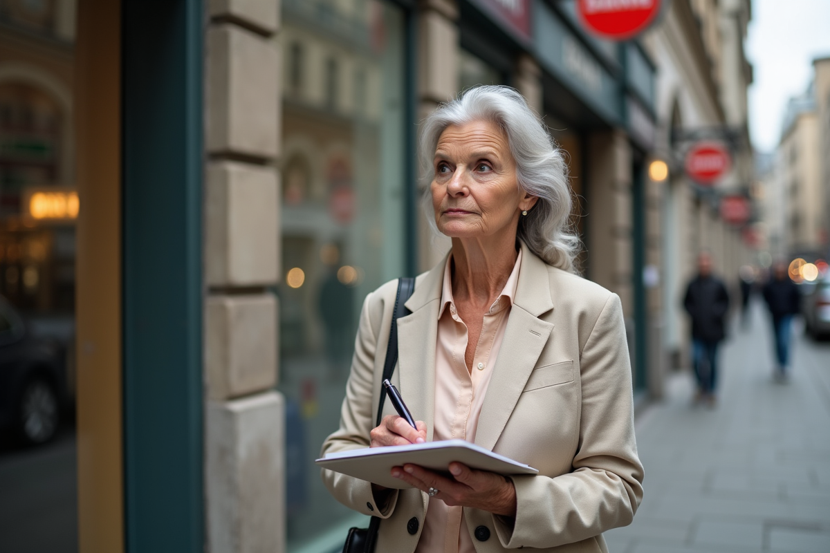 Femme retraitée réfléchissant devant une banque en ville