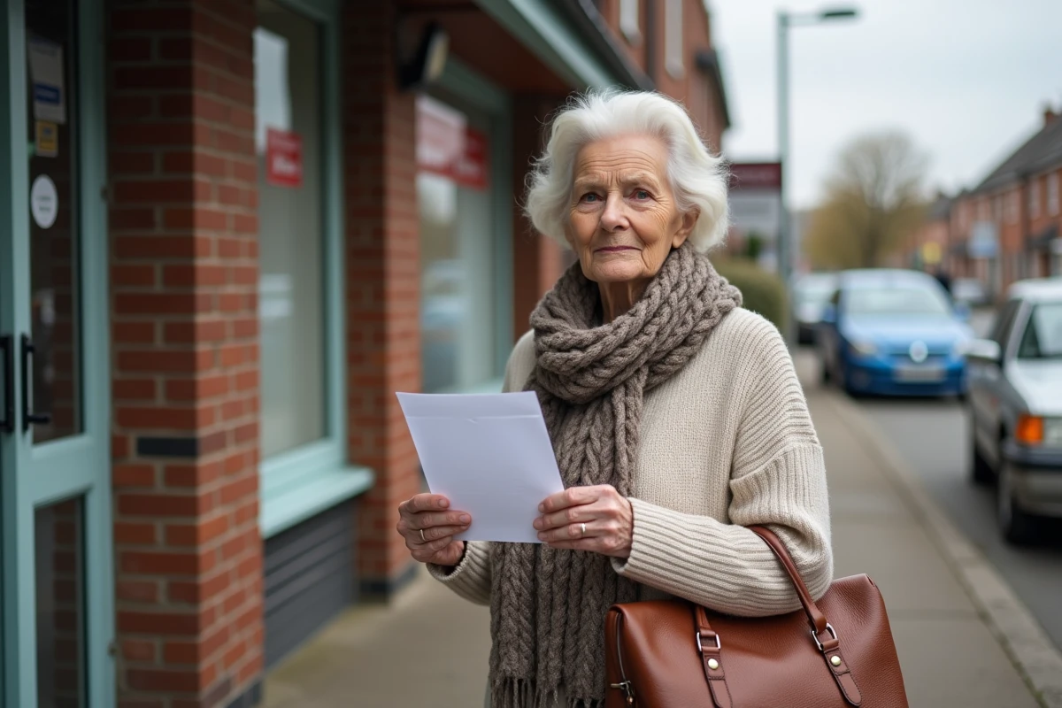 Femme retraitée sortant du bureau de poste avec lettre