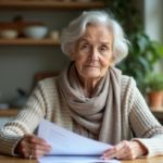 Femme retraitée tenant documents de pension à la maison