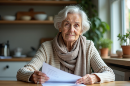 Femme retraitée tenant documents de pension à la maison