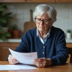 Femme retraitée lisant une déclaration de pension dans la cuisine