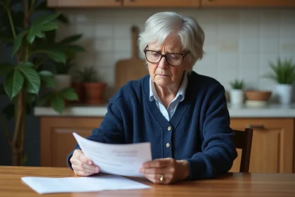 Femme retraitée lisant une déclaration de pension dans la cuisine