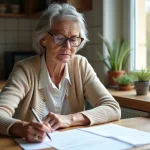 Femme âgée relisant ses papiers de retraite dans la cuisine