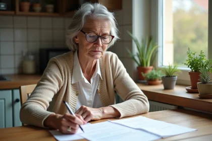 Femme âgée relisant ses papiers de retraite dans la cuisine