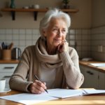 Femme d'environ cinquante ans relisant des papiers dans une cuisine lumineuse