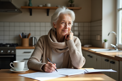Femme d'environ cinquante ans relisant des papiers dans une cuisine lumineuse