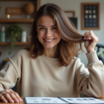 Femme souriante dans un salon regarde un calendrier lunaire