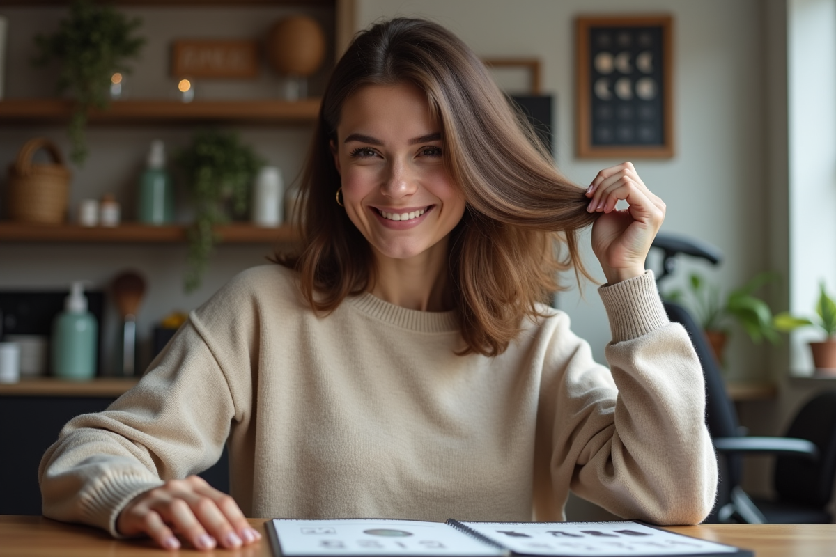 Femme souriante dans un salon regarde un calendrier lunaire