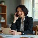 Femme d'âge moyen parlant au téléphone avec documents