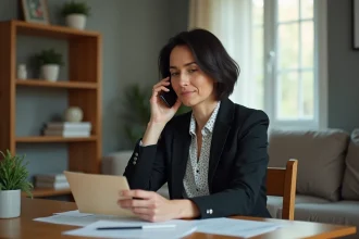 Femme d'âge moyen parlant au téléphone avec documents