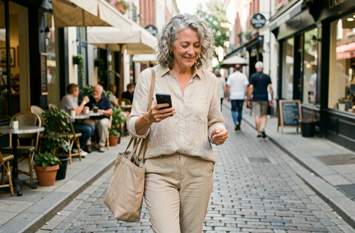 Femme senior active consultant son téléphone en ville, illustrant l'équilibre entre emploi à temps partiel et vie personnelle