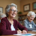 Femme âgée souriante peignant à l'aquarelle dans un centre de loisirs pour seniors, entourée d'autres participants
