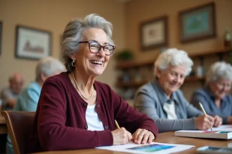 Femme âgée souriante peignant à l'aquarelle dans un centre de loisirs pour seniors, entourée d'autres participants
