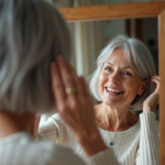 Femme de 60 ans souriante avec cheveux argentés coiffés chic