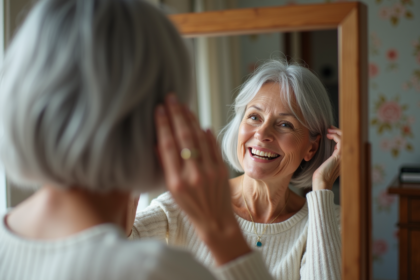 Femme de 60 ans souriante avec cheveux argentés coiffés chic