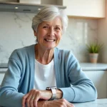 Femme senior souriante vérifiant son détecteur de chute
